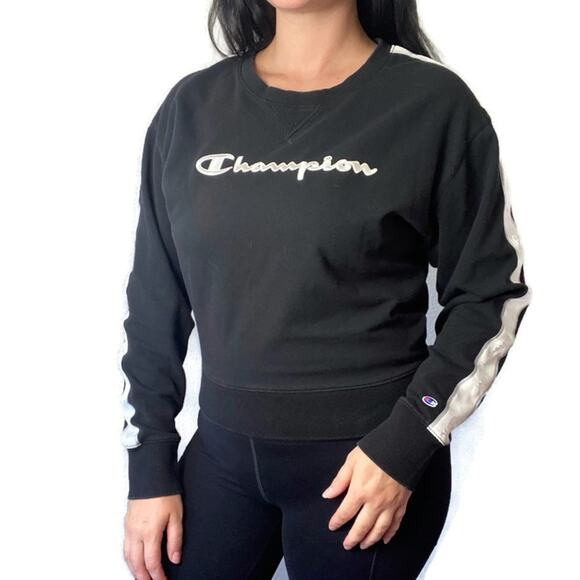 Champion Athletic Holographic Stripe Cropped Crew Neck Sweatshirt Size Medium - Picture 1 of 5